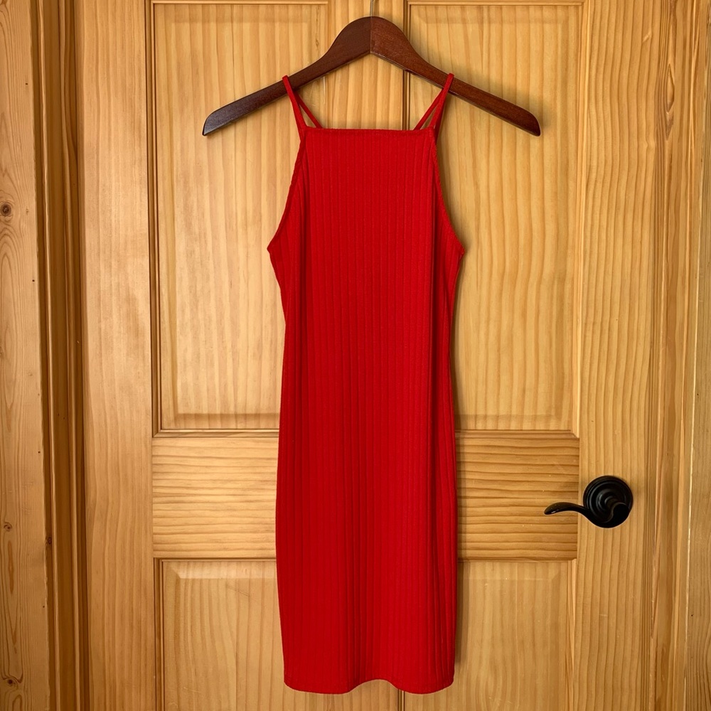 BOGO Strappy Back Halter Front Red Ribbed Dress